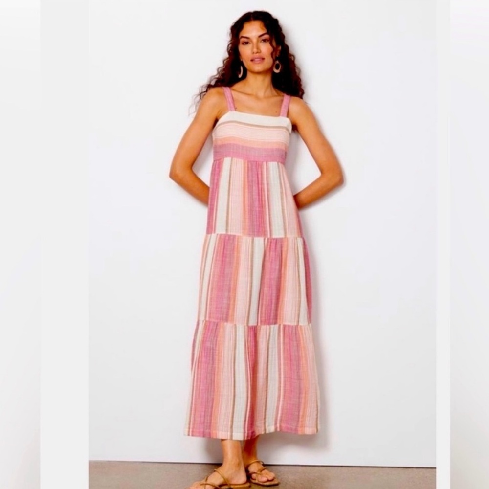 Faherty Pink and White Tiered Maxi Sundress
